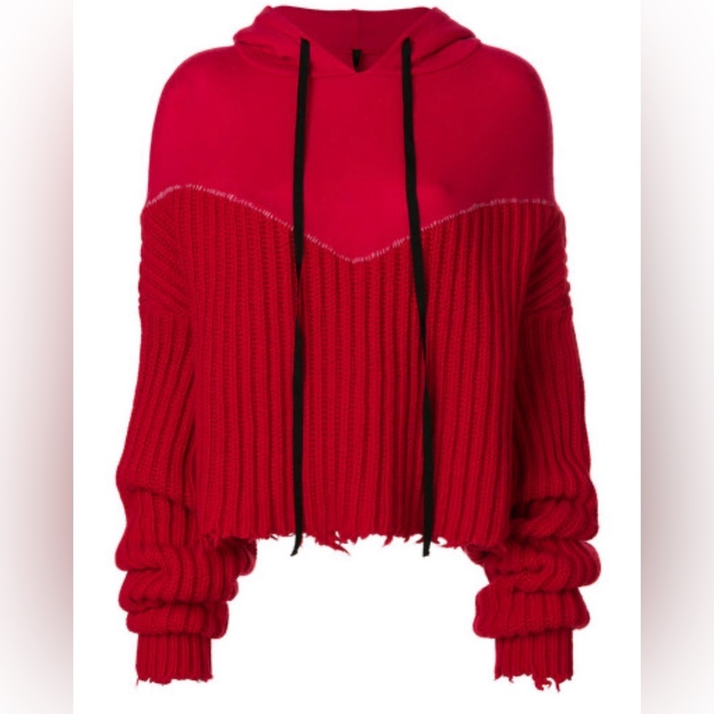 Ben Taverniti Unravel Project Red Cropped Ribbed Wool & Cashmere Hoodie. Size S